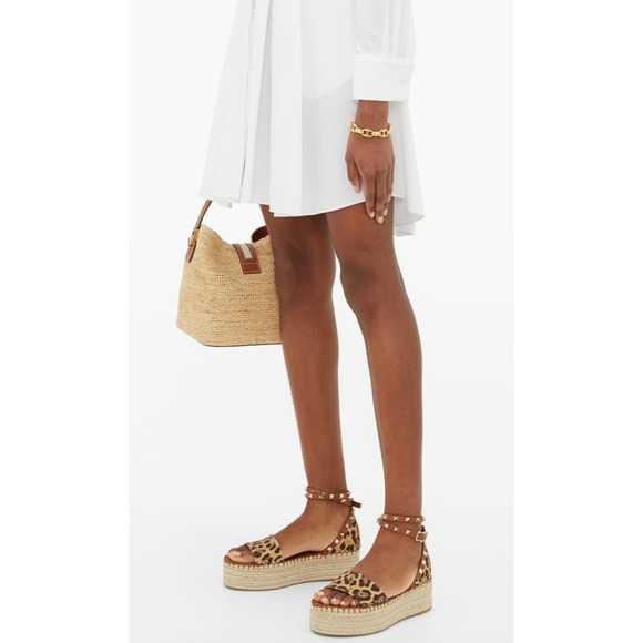 Valentino Rockstud Leopard Black Ankle Strap Platform Espadrille Wedge Sandal 38 - Picture 5 of 11